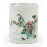 Chinese porcelain cylindrical brush pot, hand painted in the famille verte palette with a fisherman,