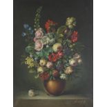 Still life flowers in a vase, well detailed oil on canvas, indistinctly signed, framed, 80cm x