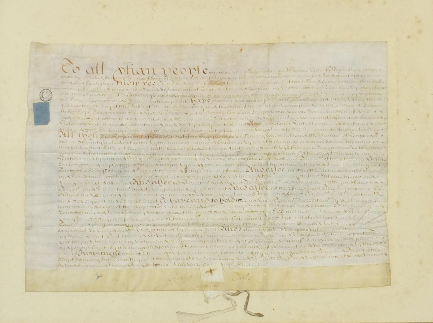 Antique vellum document inscribed Robert Earl, mounted, framed and glazed, 49cm x 34cm : For Further