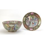 Large Chinese Canton porcelain bowl and a similar plate, each hand painted with figures, the largest