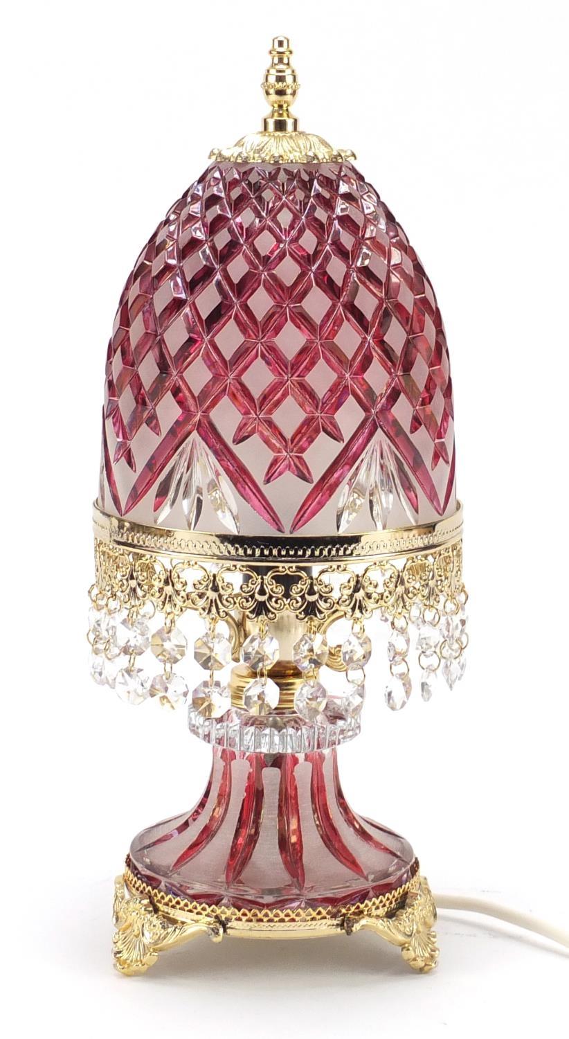 Ornate cranberry and frosted glass table lamp with gilt metal mounts, 36.5cm high : For Further