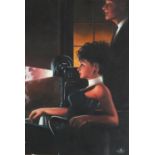 After Jack Vettriano - Two figures in an interior, oil on board, mounted and framed, 52.5cm x 35cm :