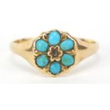 15ct gold turquoise and diamond flower head ring, size L, 2.4g : For Further Condition Reports