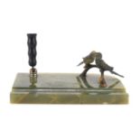 Art Deco onyx desk stand mounted with two cold painted bronze budgies, 21.5cm wide : For Further