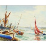 Harold Ing FRSA - Coastal scene with boats, watercolour, mounted, framed and glazed, 24.5cm x 19cm :