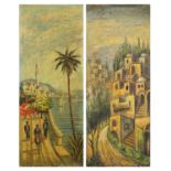 Continental town and coastal scene, pair of oil on canvas laid on board, inscribed verso,