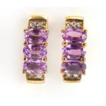 Pair of 9ct gold amethyst and white sapphire half hoop earrings, 1.4cm in length, 2.4g : For Further