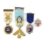 Three silver and enamel Masonic jewels and a brooch including Royal Kensington Lodge, each with