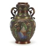 Japanese bronzed cloisonné vase with twin handles, enamelled with Buddha and flowers, 31cm high :