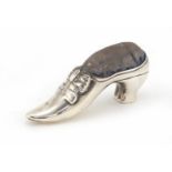 Victorian novelty silver pin cushion in the form of a ladies shoe by Cornelius Desormeaux Saunders &