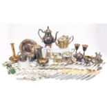 Silver plate and metal ware including 19th century chamber stick, tea set, sauce boats and cutlery :