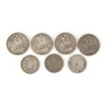 George III and later British silver coinage comprising four crowns, 1821, 1821, 1890 and 1895 and