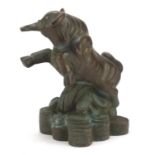 Chinese patinated bronzed water buffalo, character marks to the base, 16cm high : For Further