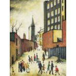Manner of Laurence Stephen Lowry - Industrial street scene, oil on board, framed, 39cm x 29.5cm :