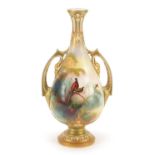 Large Royal Worcester porcelain vase with twin handles hand painted with pheasants by Albert