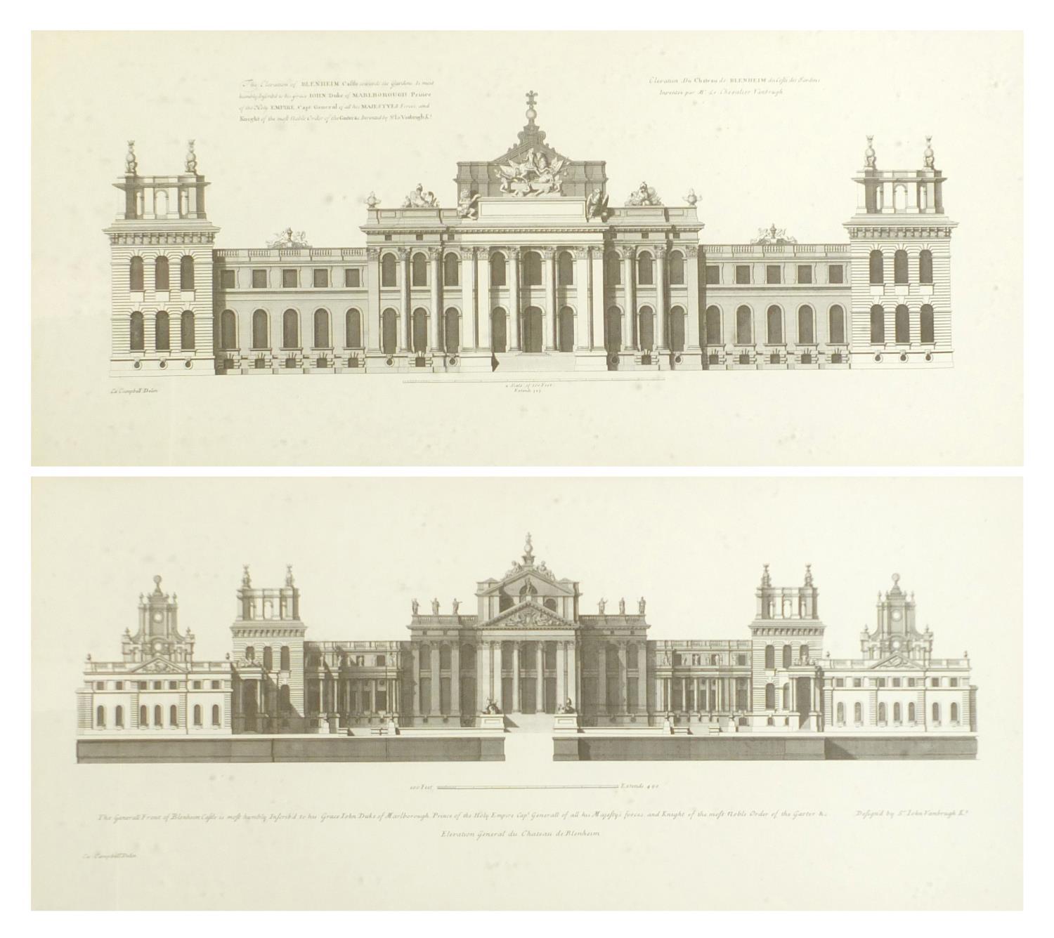 Blenheim Castle, pair of classical prints, each with Trowbridge labels verso, mounted, framed and