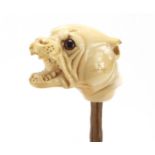 19th century carved ivory walking stick handle in the form of an angry Bulldog with beaded glass