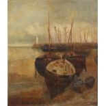 Attributed to James Elder Christie - Moored boats, Scottish school oil on canvas, unframed, 76cm x