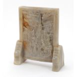 Chinese white jade table screen carved with Daoist immortals and calligraphy, 19cm H x 16cm W x