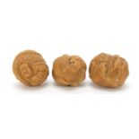 Three Japanese nuts carved with figures and a dragon, each approximately 3.5cm high : For Further