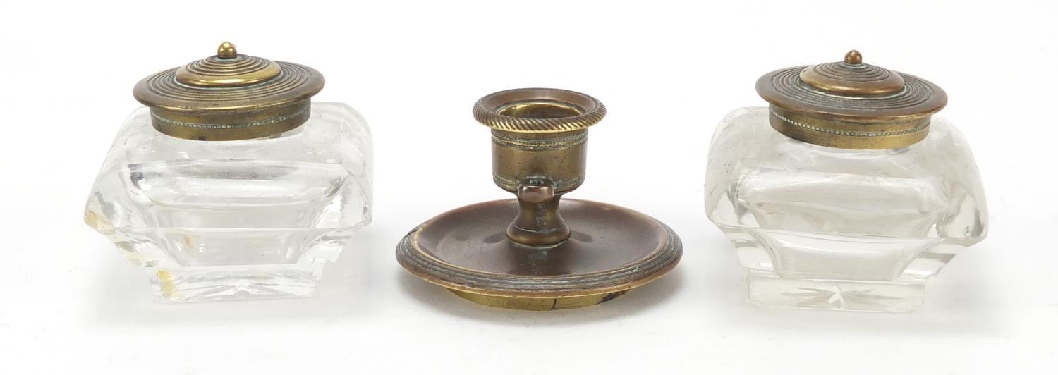 Victorian aesthetic style brass desk stand with two glass inkwells and a chamber stick, 23.5cm - Image 7 of 11