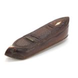 19th century carved treen shoe snuff box with ivory inlay, 10.5cm in length : For Further
