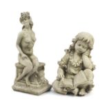 Stoneware model of a young girl reading a book and a seated nude female, the largest 41cm high : For