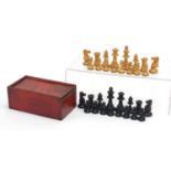 Staunton boxwood and ebonised chess set with case, the largest piece each 5.5cm high : For Further
