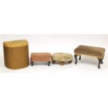 Occasional furniture comprising Lloyd Loom laundry basket, mahogany gout stool and two other