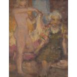 Nude female with an attendant, German school oil on card, mounted and framed, 19.5cm x 15cm : For