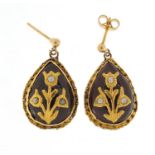 Pair of gold coloured metal cabochon garnet and seed pearl drop earrings, 2.6cm in length, 8.2g :