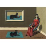 Manner of Gertrude Abercrombie - Surreal interior scene with female and cats, American school oil on