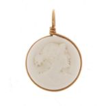 Victorian style cameo glass maidenhead pendant with gold coloured metal mount, 1.7cm in diameter,