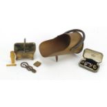 Objects including a brass basket jewel casket, trench art scuttle and enamel cufflinks : For Further