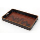 Japanese lacquered twin handled tray hand painted with a bird amongst flowers, 46cm wide : For