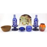 China and glassware including a pair of 19th century bohemian blue flashed and gilded glass vases,