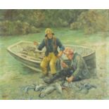 Two young fishermen, St Ives school oil on board, bearing a monogram HST, framed, 59.5cm x 49.