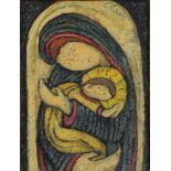 Madonna and child, surreal school oil on board, bearing a signature Clane, framed, 19.5cm x 14cm :