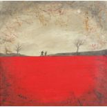 Two figures crossing a hill in a surreal landscape, gouache, framed and glazed, 47.5cm x 47cm :