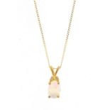 10ct gold opal and diamond pendant, 1cm in length, on a 9ct gold necklace, 44cm in length, 0.6g :