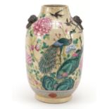 Chinese porcelain crackle glaze vase with ring turned handles, hand painted in the famille rose
