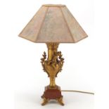 French Empire style gilt Putti design table lamp with faux marble base and shade, 56.5cm high :