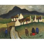 Figures before cottages and mountains, Irish school oil on canvas, mounted and framed, 46cm x 34cm :
