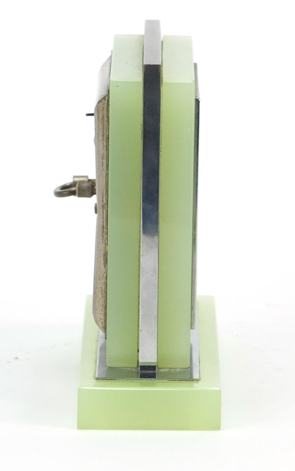 Art Deco chrome and lime green glass desk clock with silvered dial having Arabic numerals, 12cm high - Image 6 of 6