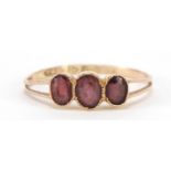 9ct gold garnet three stone ring, hallmarked Chester 1911, size L, 1.0g : For Further Condition