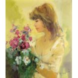 Paul Morro - Une fille avec fleurs, female looking at flowers, oil on canvas, certificate verso,