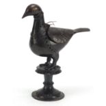 Indian patinated bronze bird oil lamp, 23.5cm high : For Further Condition Reports Please Visit