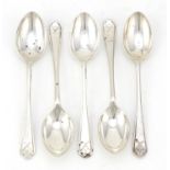 Set of five golfing interest silver teaspoons by Walker & Hall, 11cm in length, 68.2g : For
