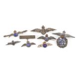 Eight British military RAF silver brooches including six with enamel, the largest 5cm wide, 27.