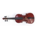 Old wooden violin with case, the violin back 13.25 inches in length : For Further Condition
